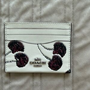 COACH White Leather Card Case with Purple Floral Sequins